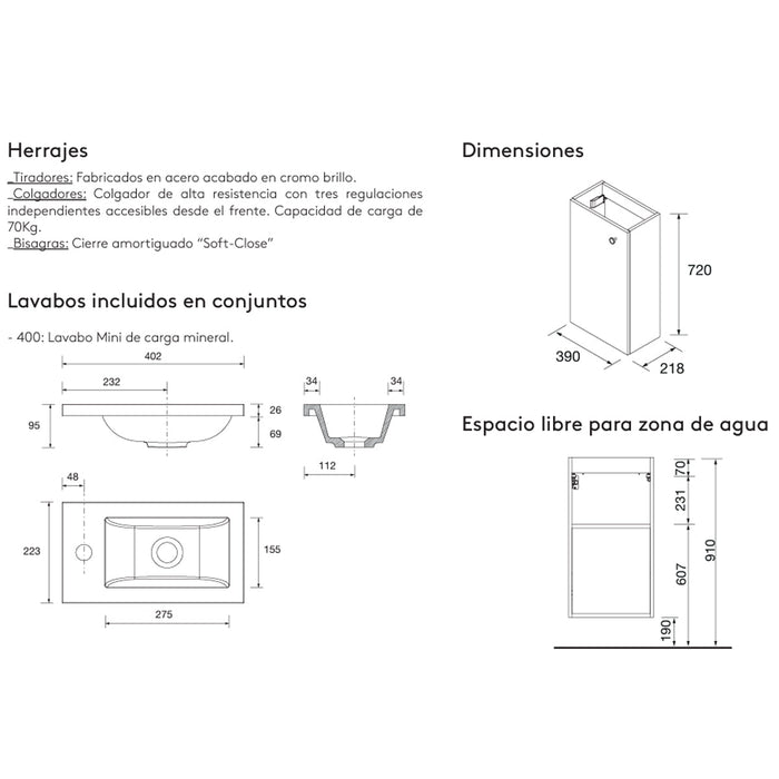 SALGAR 113731 MARVILLE Conjunto Completo Mueble de Baño Mini con Lavabo 1 Puerta Color Roble África
