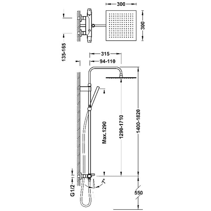 TRES 19031205 OVER-WALL Thermostatic Wall-Mounted Faucet Set Telescopic 3-Way Bathtub and Shower Chrome Color
