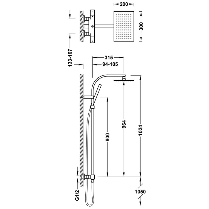 TRES 19039306 OVER-WALL Thermostatic Mixer Tap Large Wall Shower 2-Way Chrome