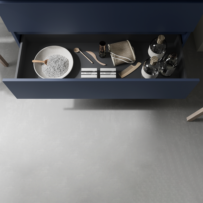 SALGAR BEQUIA Mueble de Baño con Lavabo de Posar y Encimera 2 Cajones 1 Puerta Reversible Azul Mate Roble