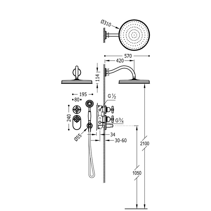 TRES 24235202LM TRES CLASIC Kit De Grifo Termostático Empotrado De 2 Vías Block System para Ducha Color Latón Viejo Mate
