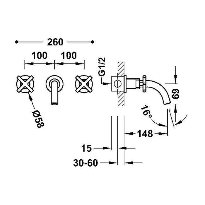 TRES 28330001AC MONT BLANC Grifo Bimando Empotrado Lavabo Color Acero