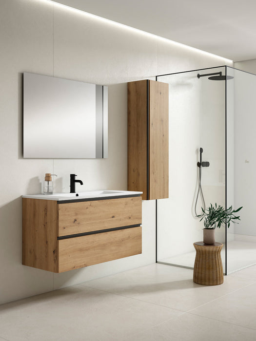 VISOBATH GRANADA Conjunto Completo Mueble de Baño Suspendido 2 Cajones Color Roble Costa Tirador Negro
