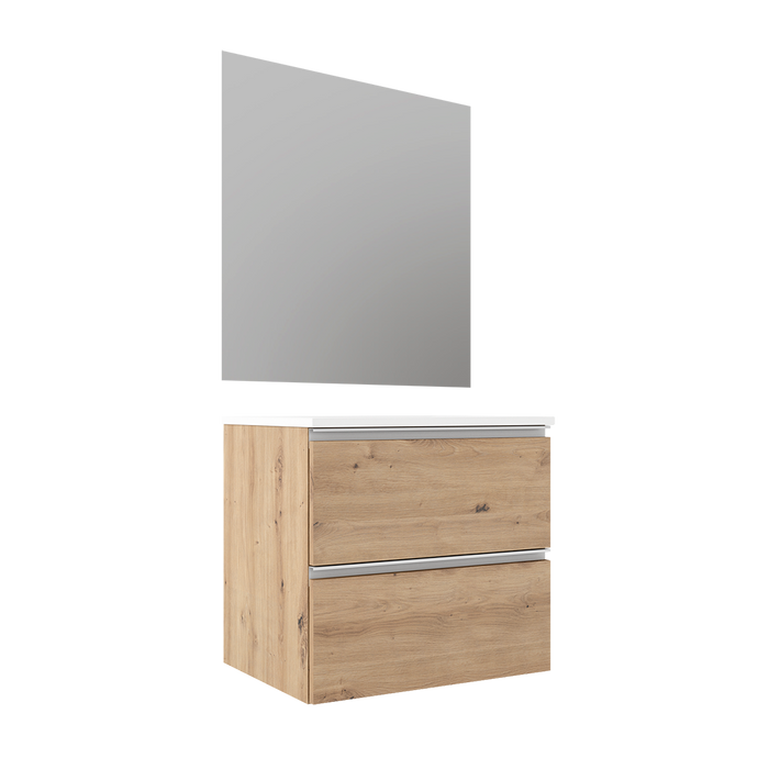 VISOBATH GRANADA Complete Set Wall Hung Bathroom Cabinet 2 Drawers Costa Oak Color White Handle