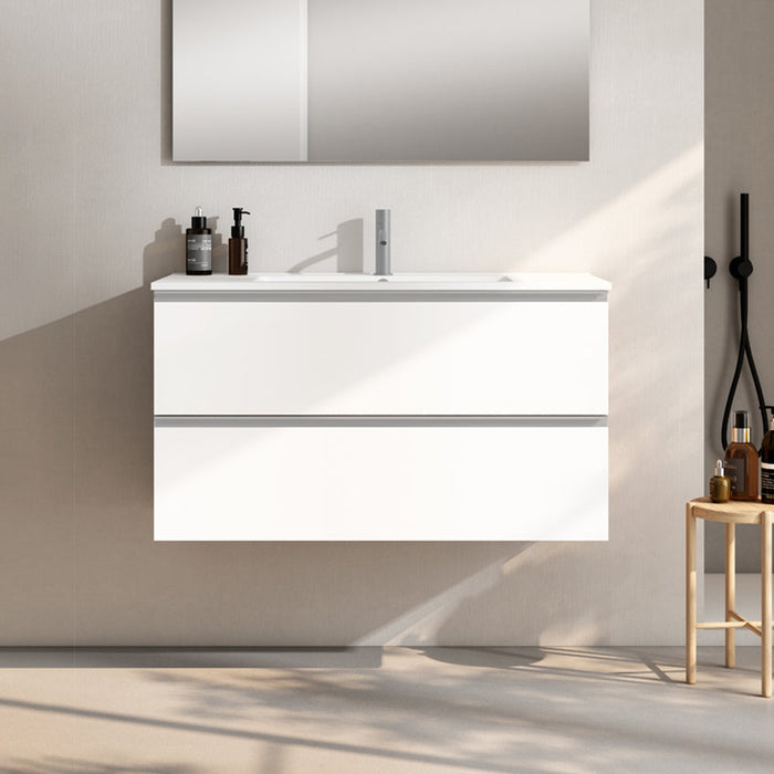 VISOBATH GRANADA Mueble de Baño con Lavabo Suspendido 2 Cajones Color Blanco Ada Mate Tirador Aluminio