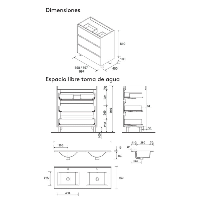 SALGAR 106294 NOJA Mueble de Baño con Lavabo 6 Cajones 120 cm Color Nogal Maya