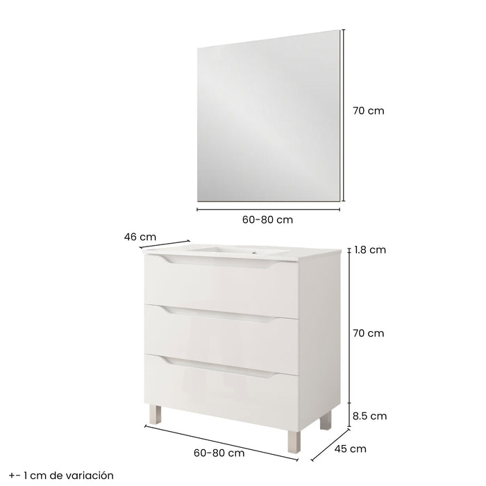 BATHME TRIO Conjunto Completo Mueble de Baño 3 Cajones Color Blanco Brillo