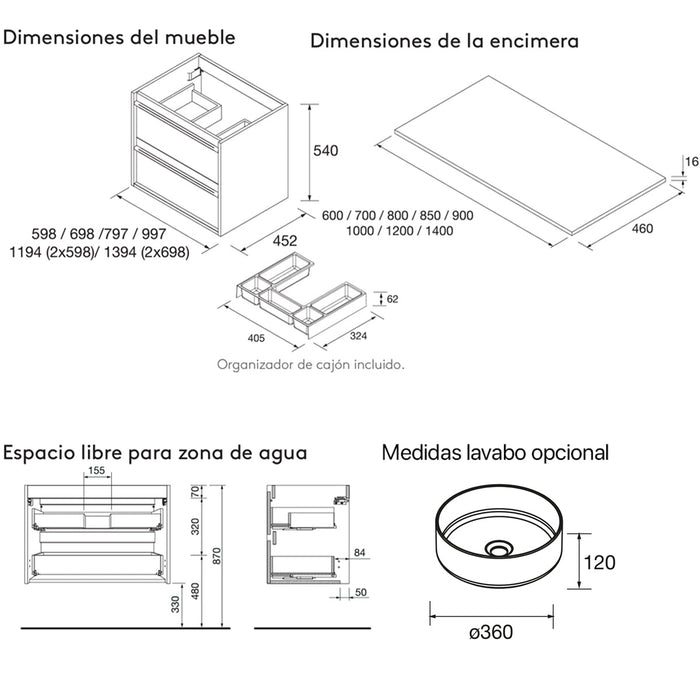 SALGAR 104983 ATTILA Mueble de Baño con Tapa Encimera 4 Cajones 140 cm Color Verde Mate