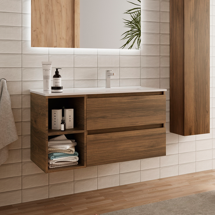 SALGAR BEQUIA Mueble de Baño con Lavabo 2 Cajones 2 Huecos Izquierda Nogal Maya