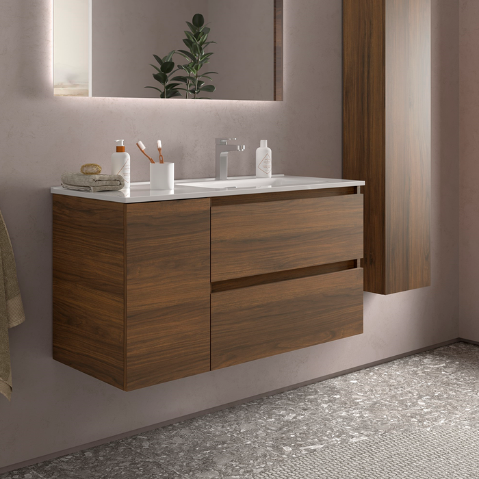SALGAR BEQUIA Mueble de Baño con Lavabo 2 Cajones 1 Puerta Izquierda Nogal Maya