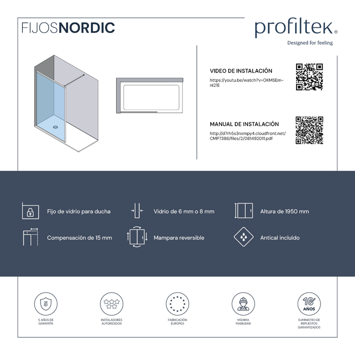 PROFILTEK NORDIC FN-2001 Mampara Fijo Perfil Plata Vidrio 8 mm Transparente