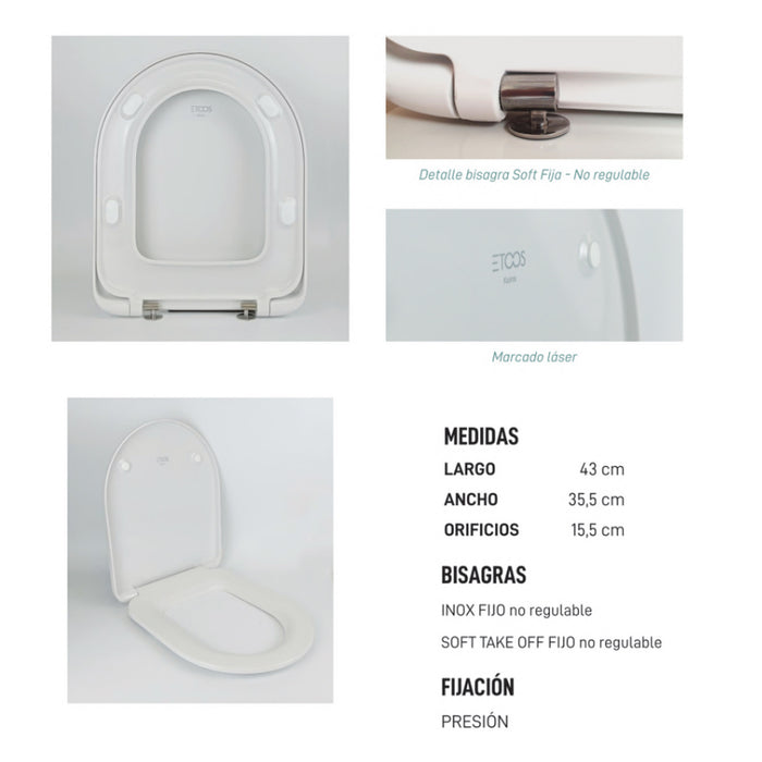 ETOOS 04032108 KAIROS Tapa WC Compatible Caída Amortiguada Envolvente Slim Blanco