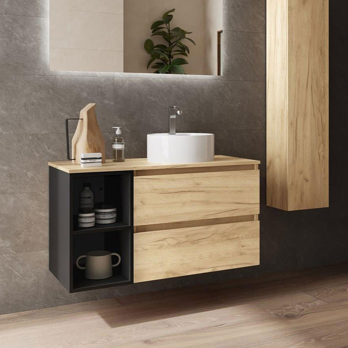 SALGAR BEQUIA Mueble de Baño con Lavabo de Posar y Encimera 2 Cajones 2 Huecos Roble África Negro