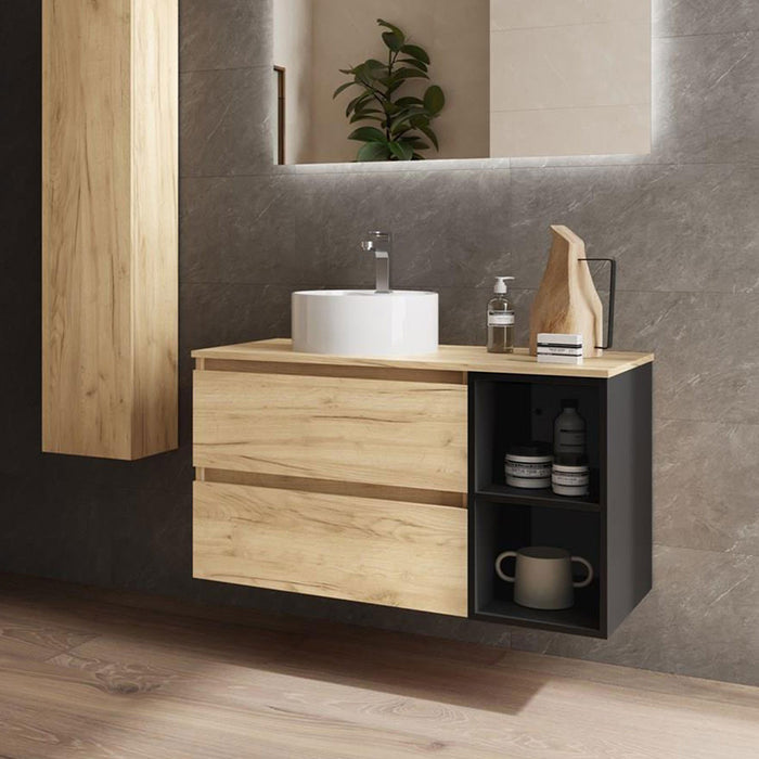 SALGAR BEQUIA Mueble de Baño con Lavabo de Posar y Encimera 2 Cajones 2 Huecos Roble África Negro
